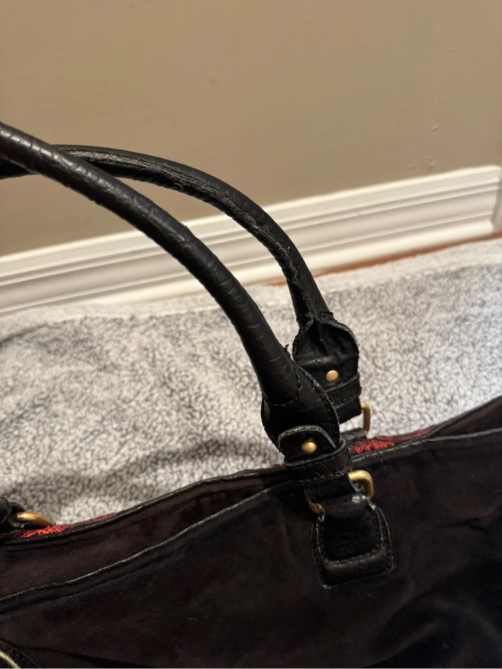 Juicy Couture Black Velvet Tote with Red Crest Motifs